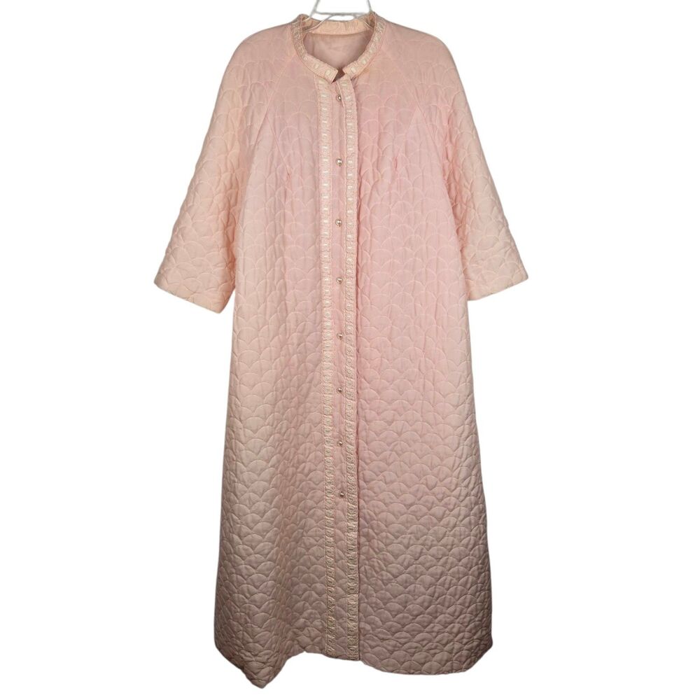 Vtg Barbizon Tina at Ease Robe Sz L Quilted Pink Button Front Lounge Wear Lined